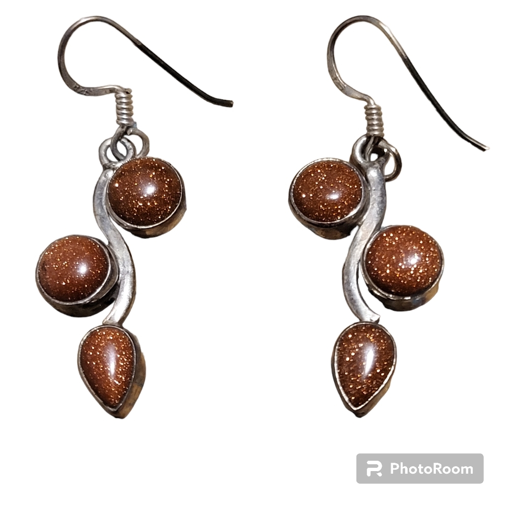 Vintage silver plated with goldstone dangle earrings